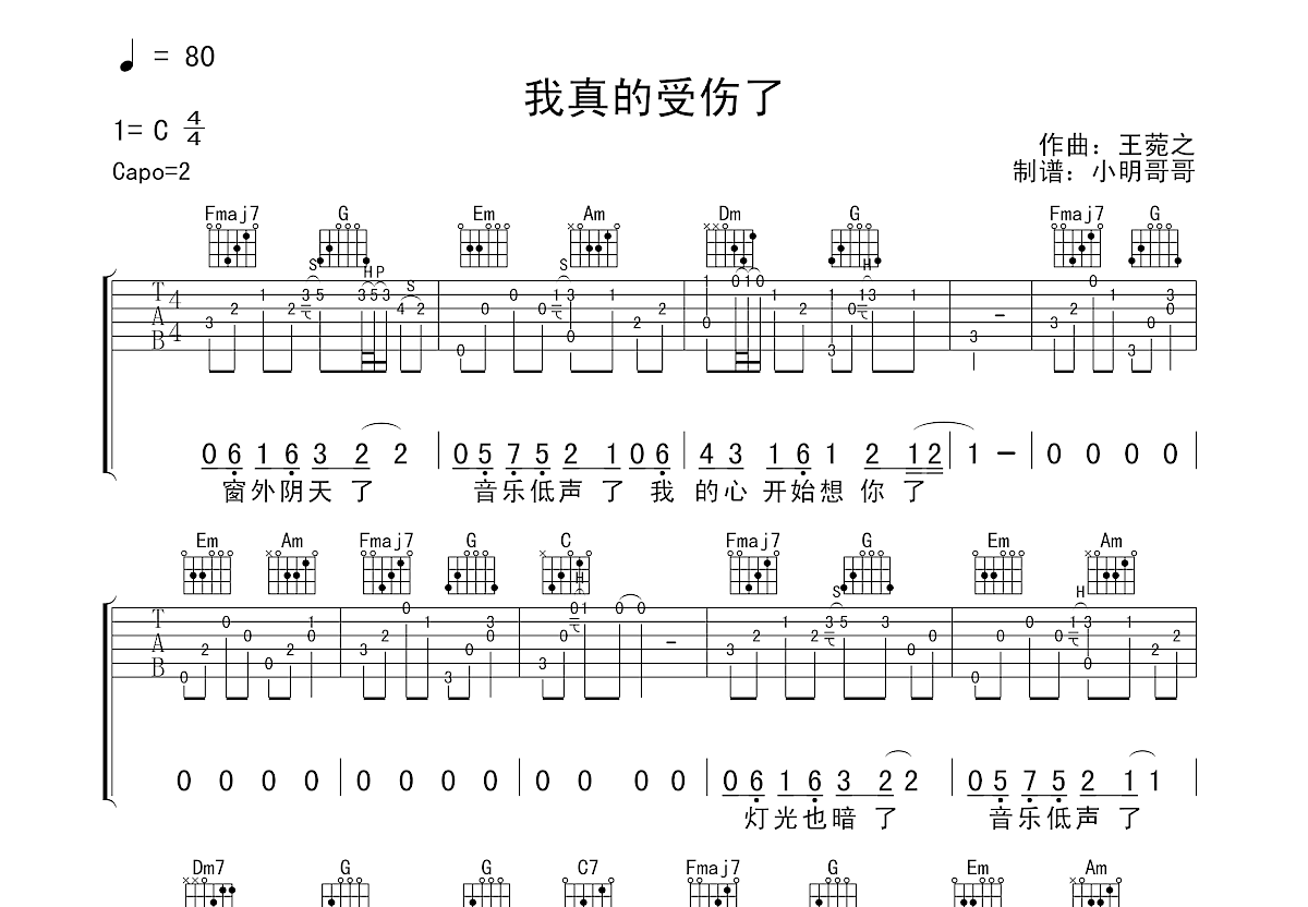 我真的受伤了吉他谱预览图