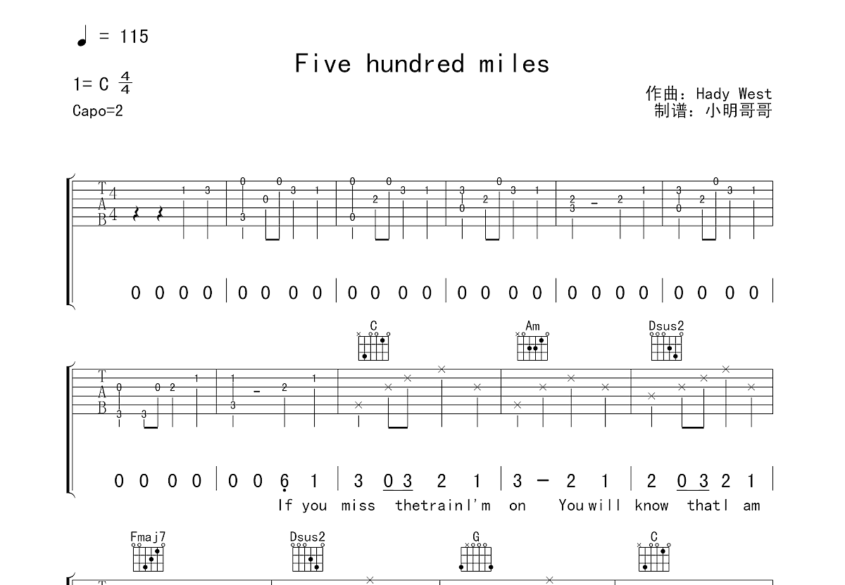 500 miles吉他谱预览图