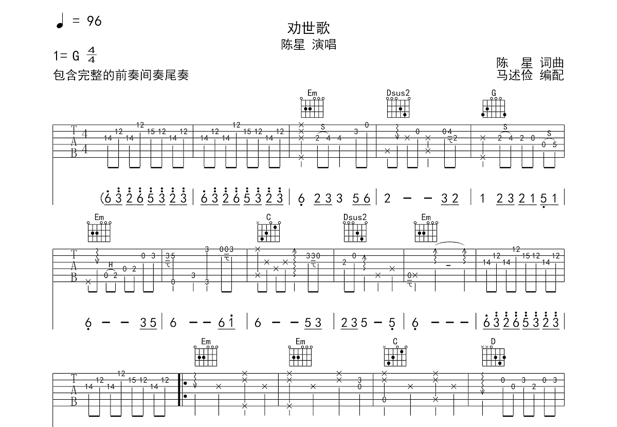 劝世歌吉他谱预览图