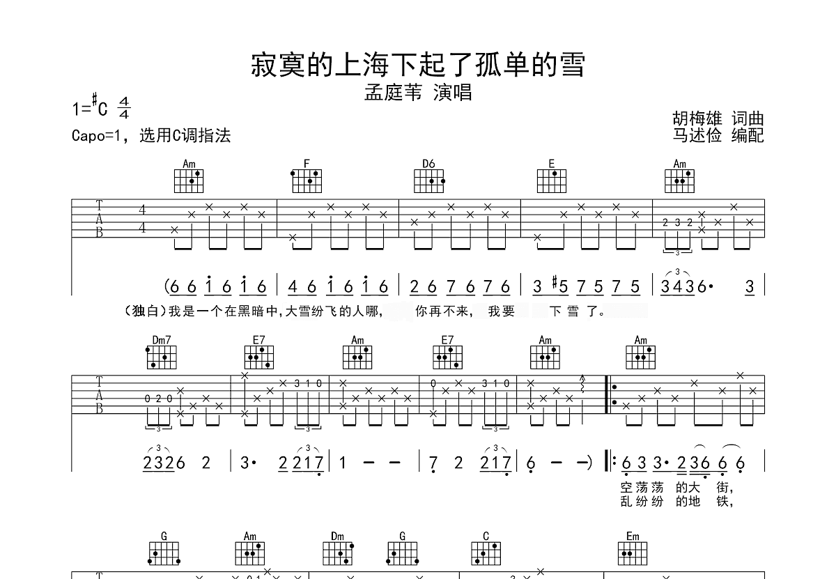 寂寞的上海下起了孤单的雪吉他谱预览图