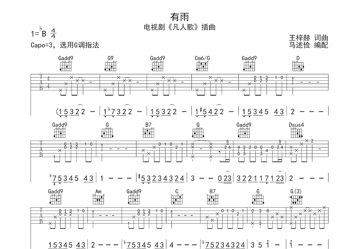 有雨吉他谱预览图