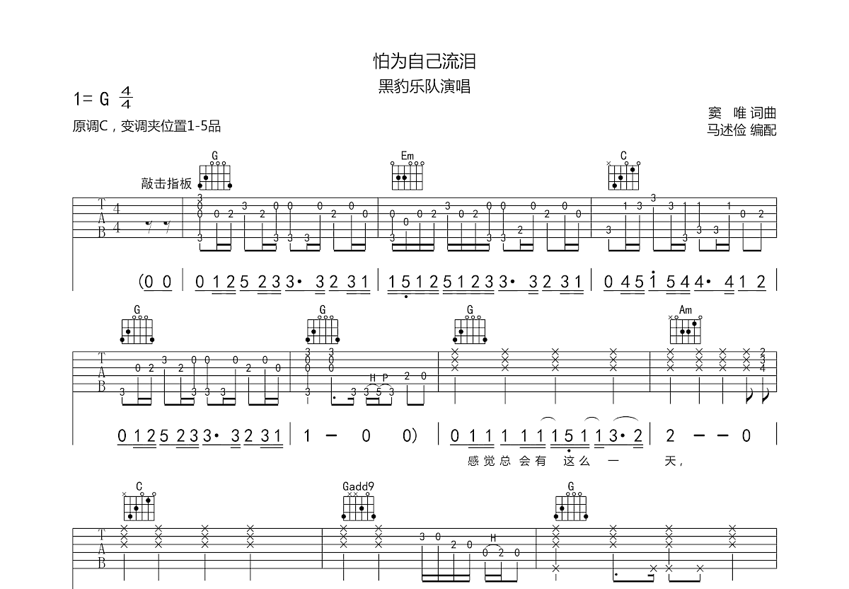 怕为自己流泪吉他谱预览图