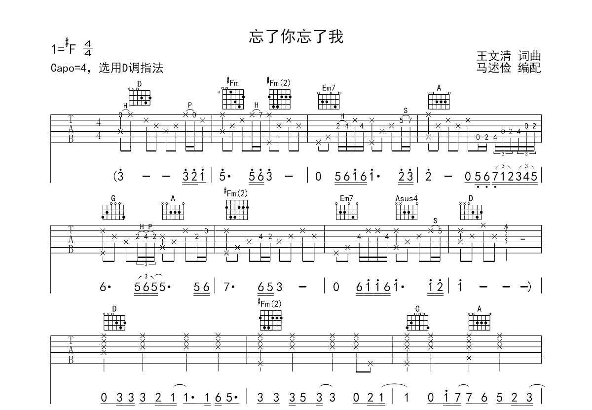 忘了你忘了我吉他谱_王杰_D调弹唱