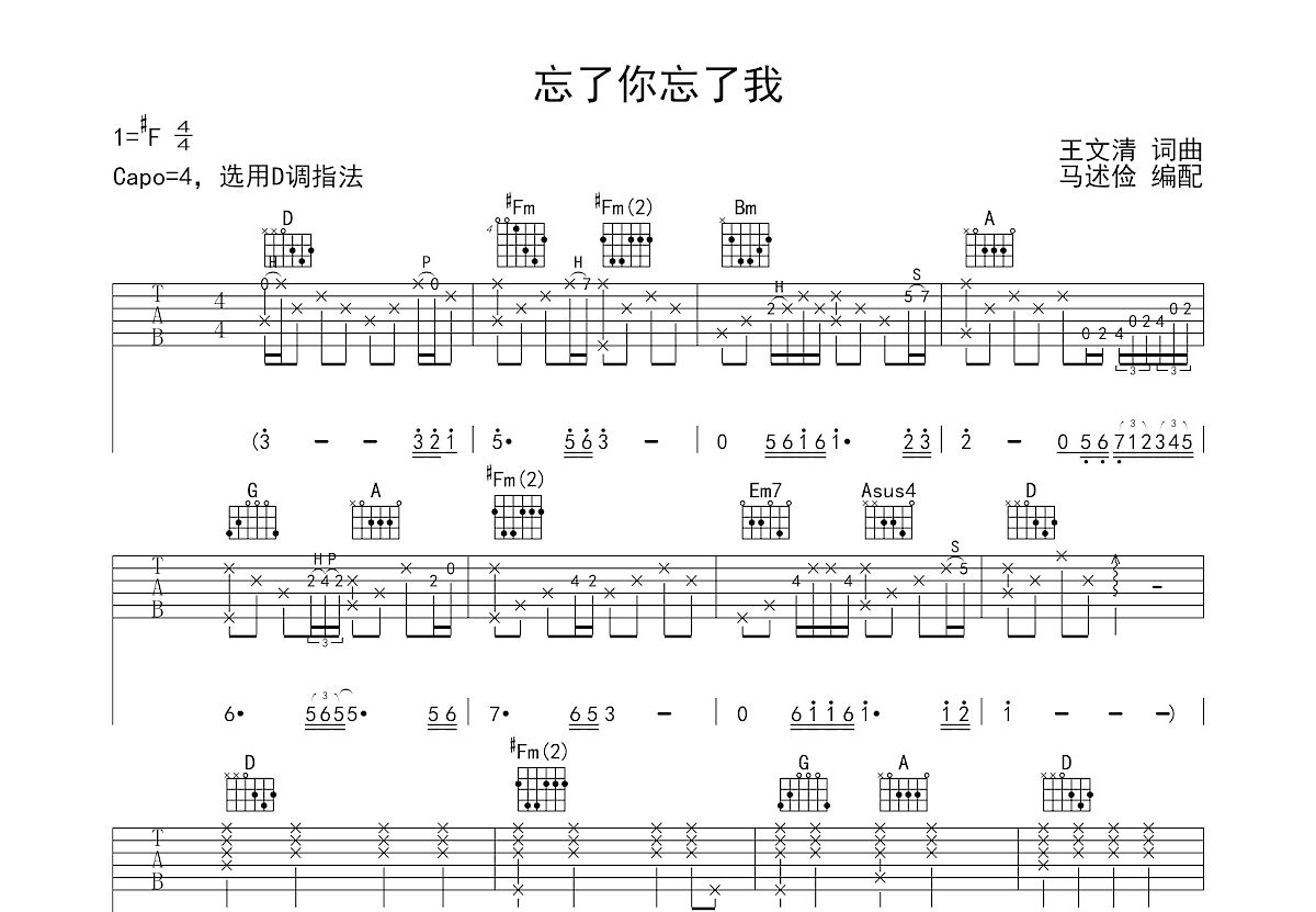 忘了你忘了我吉他谱预览图