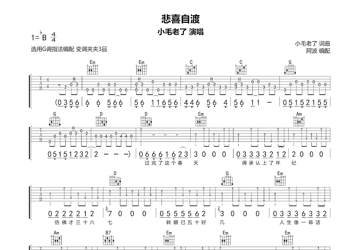 悲喜自渡吉他谱预览图