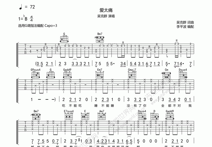 爱太痛吉他谱预览图