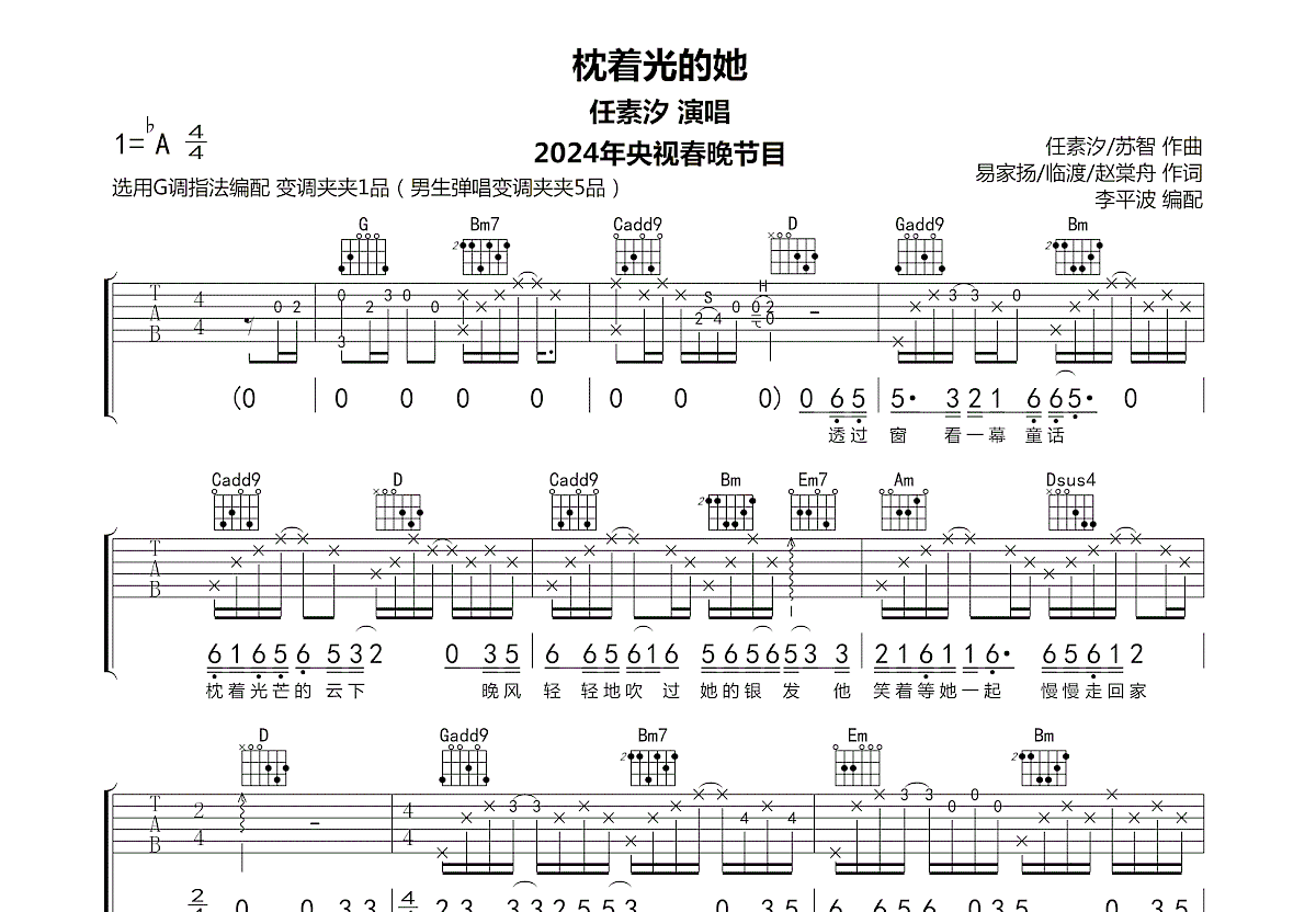 枕着光的她吉他谱预览图