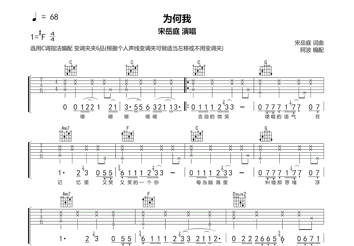 为何我吉他谱_宋岳庭_C调弹唱