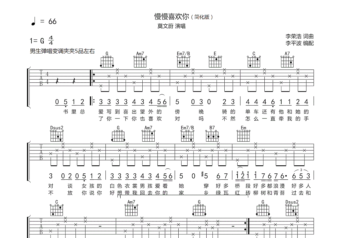 慢慢喜欢你吉他谱预览图