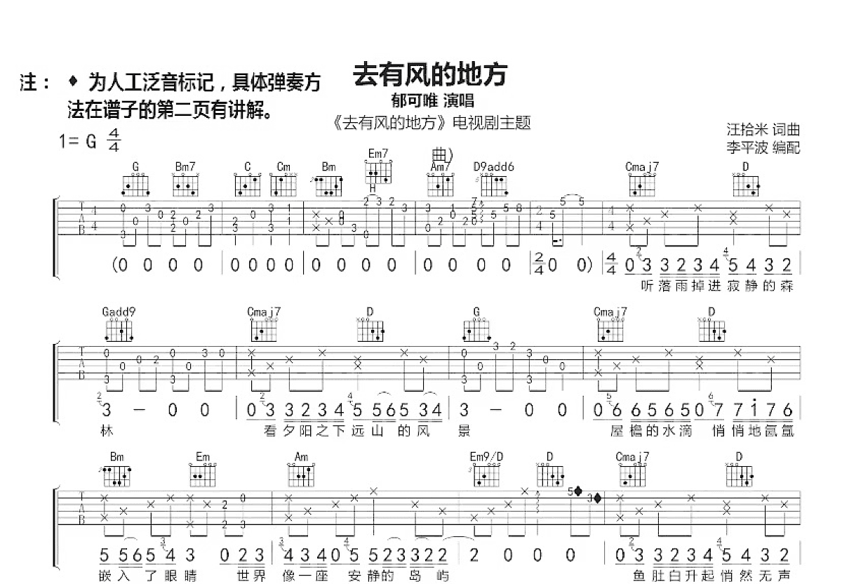 去有风的地方吉他谱预览图