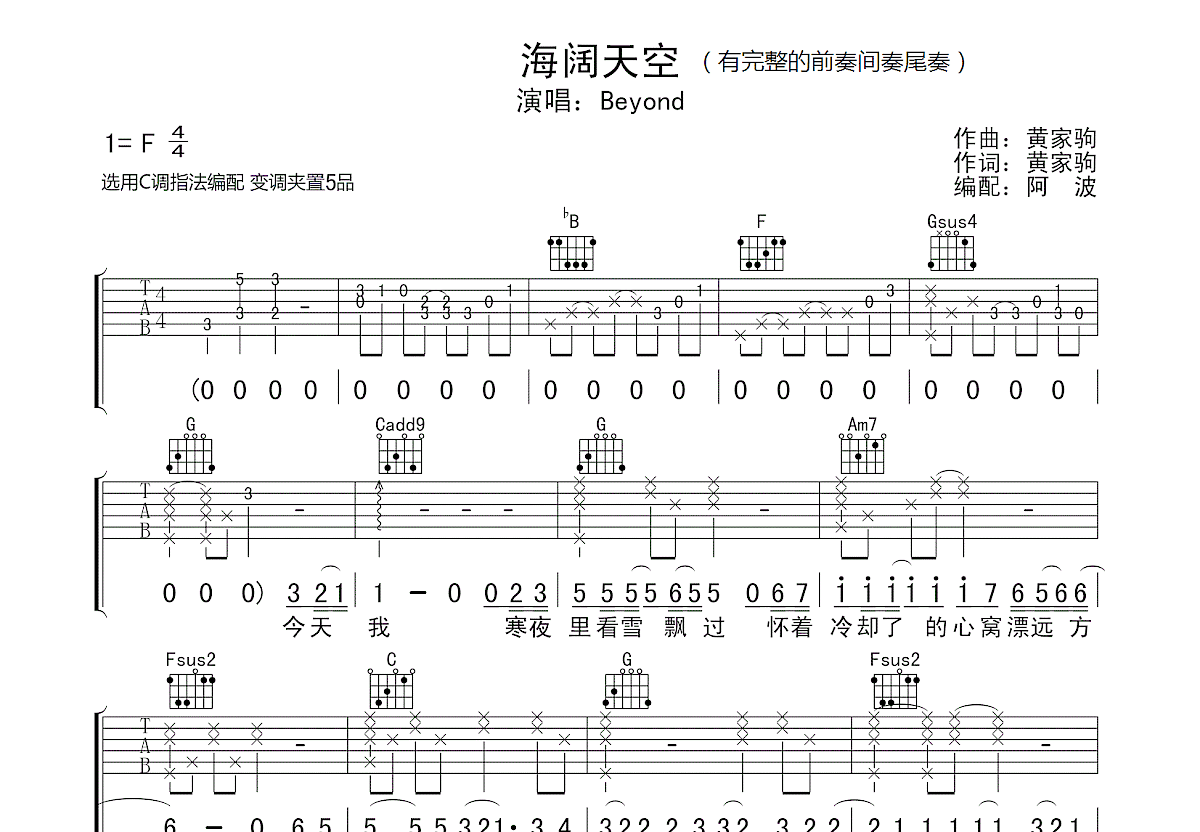 海阔天空吉他谱预览图