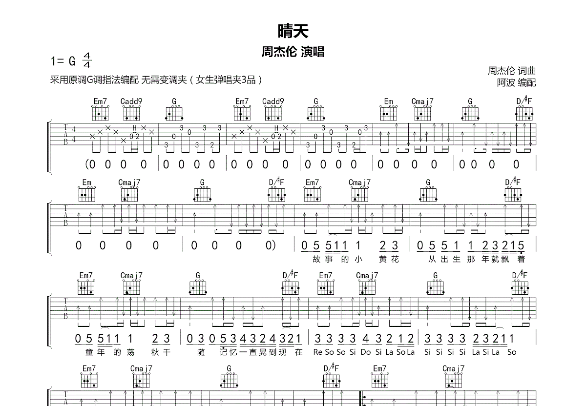 晴天吉他谱预览图