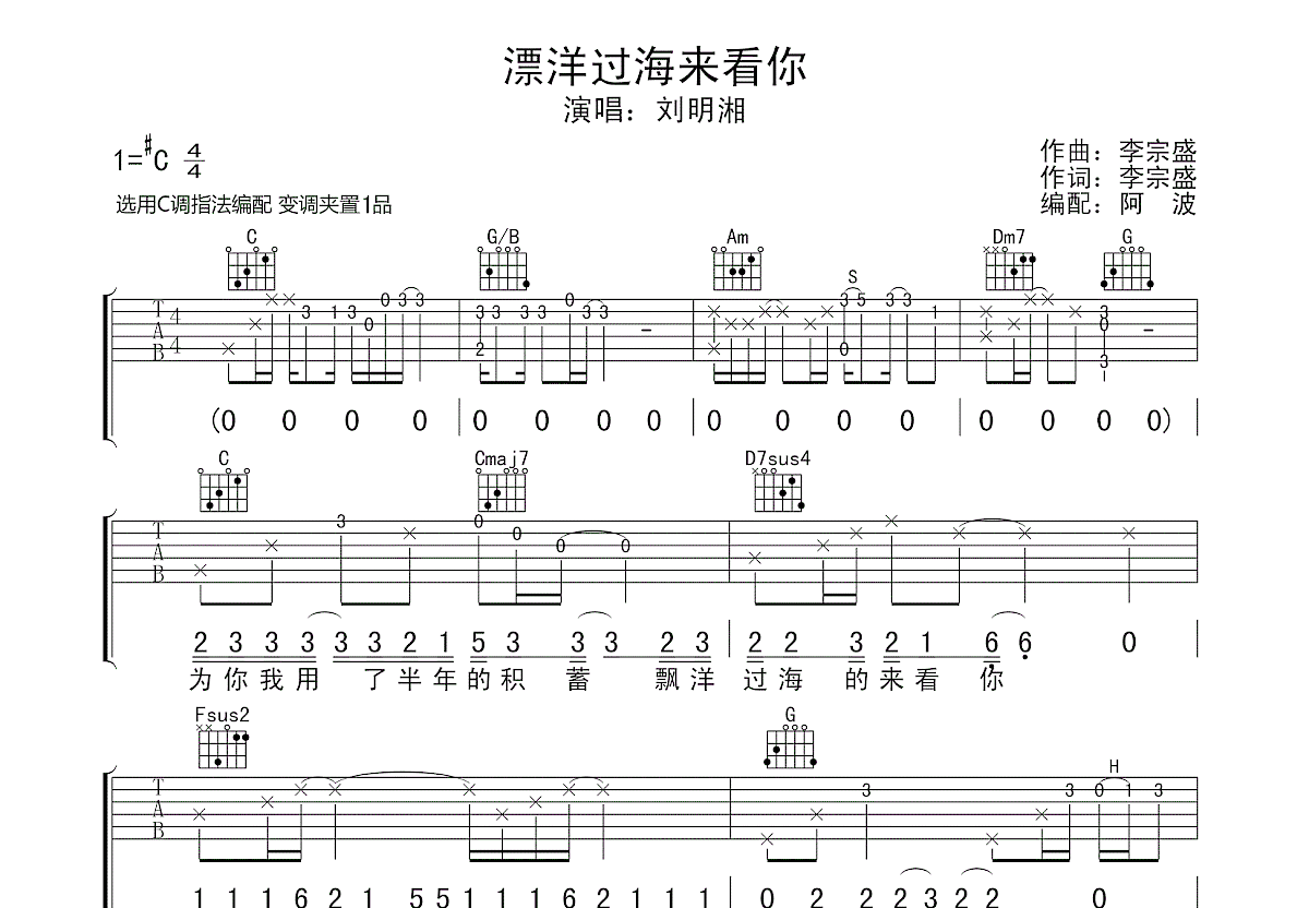 漂洋过海来看你吉他谱预览图