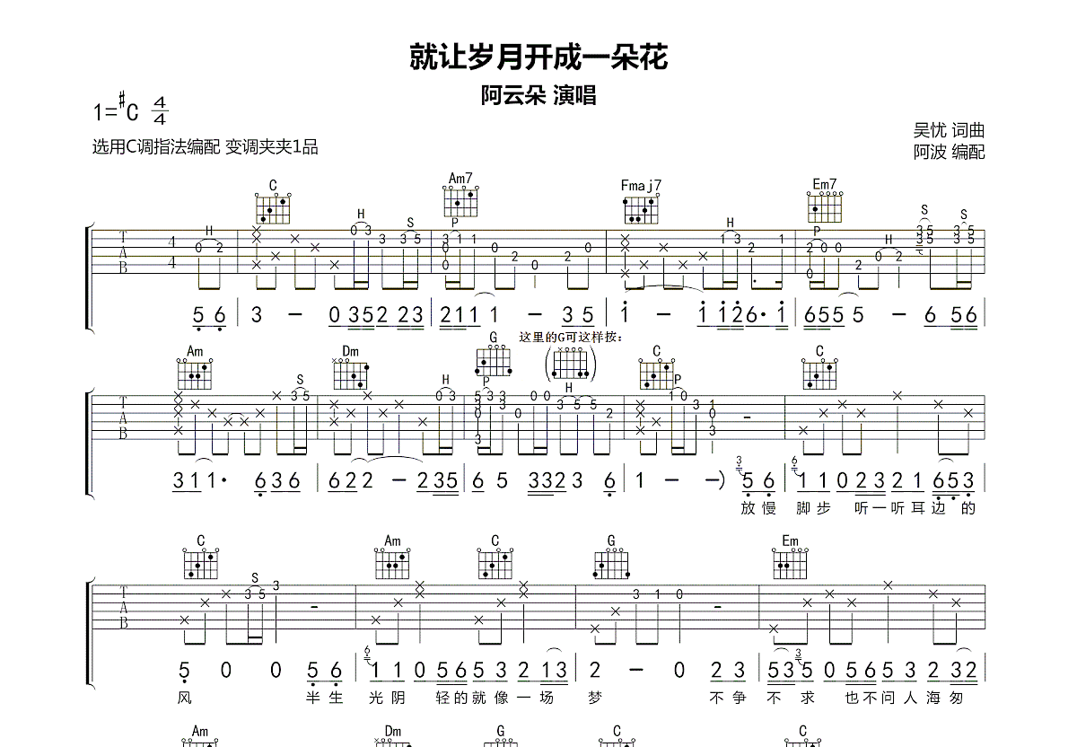 就让岁月开成一朵花吉他谱_阿云朵_C调弹唱
