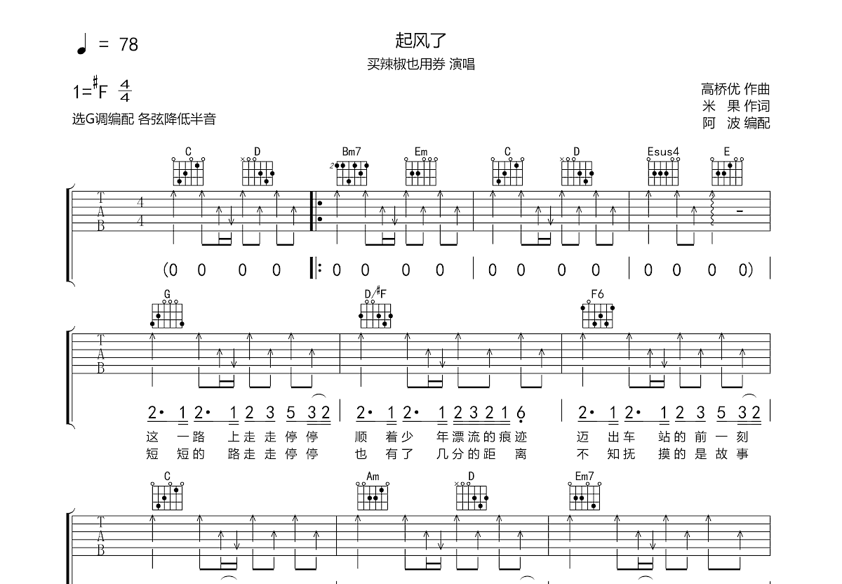 起风了吉他谱预览图