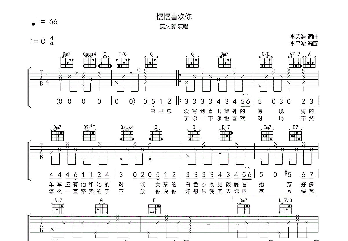 慢慢喜欢你吉他谱预览图