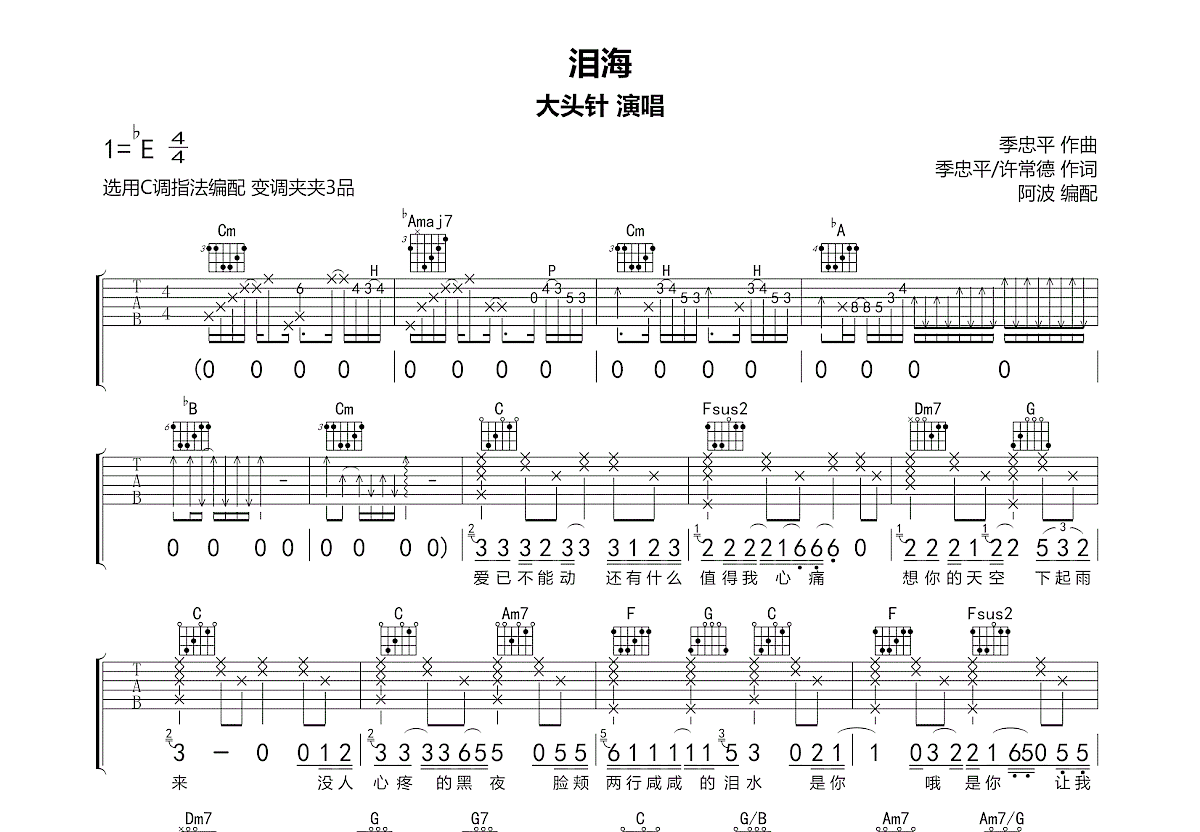 泪海吉他谱_大头针_C调弹唱