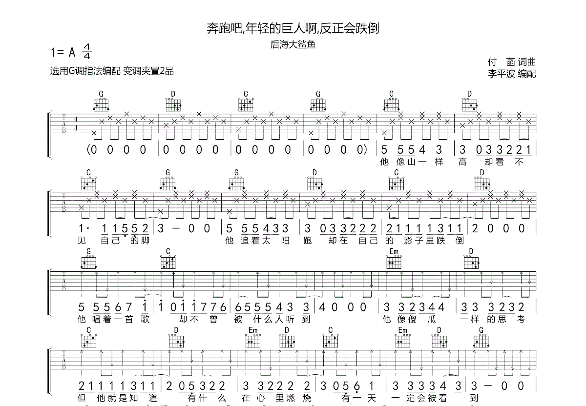 奔跑吧,年轻的巨人啊,反正会跌倒吉他谱预览图