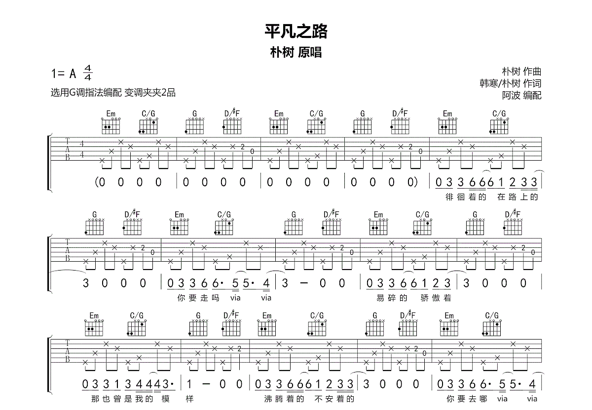 平凡之路吉他谱预览图