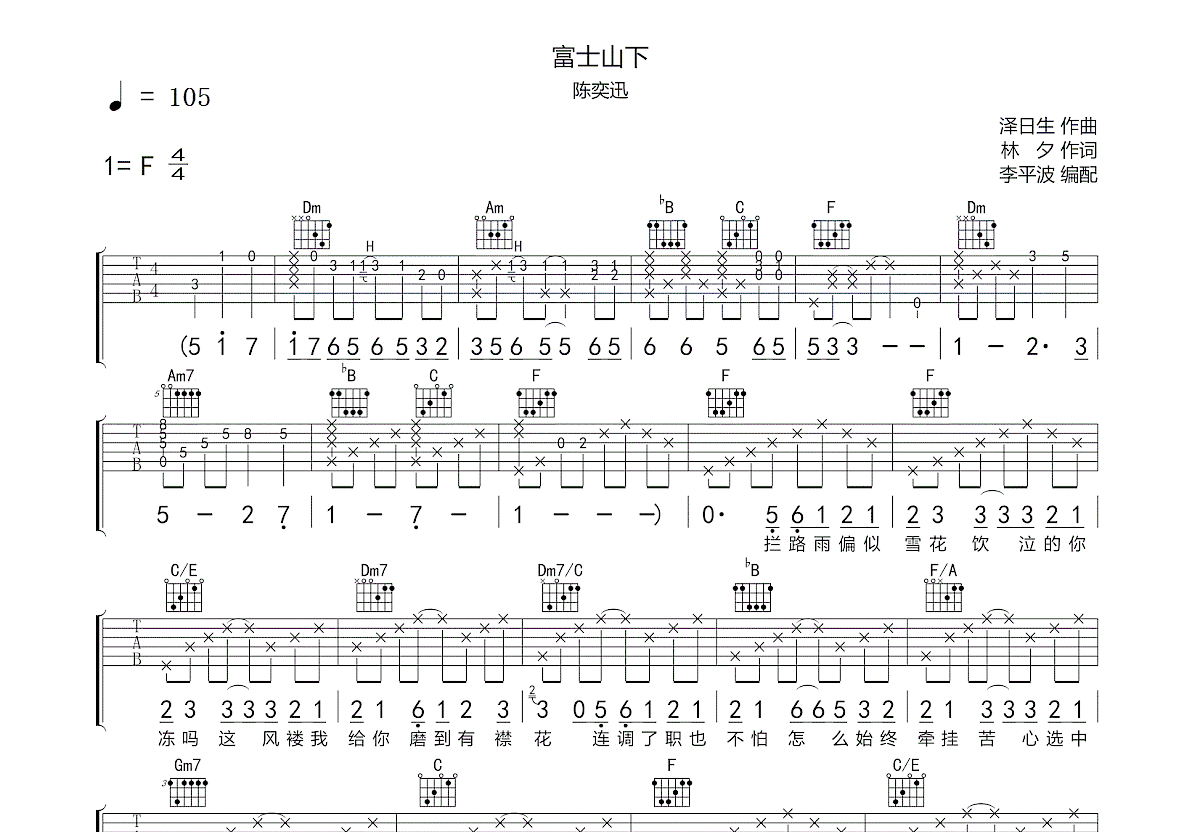 富士山下吉他谱_陈奕迅_F调弹唱