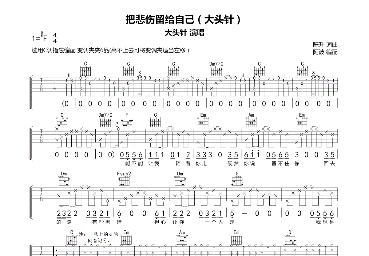 把悲伤留给自己吉他谱_大头针_C调弹唱