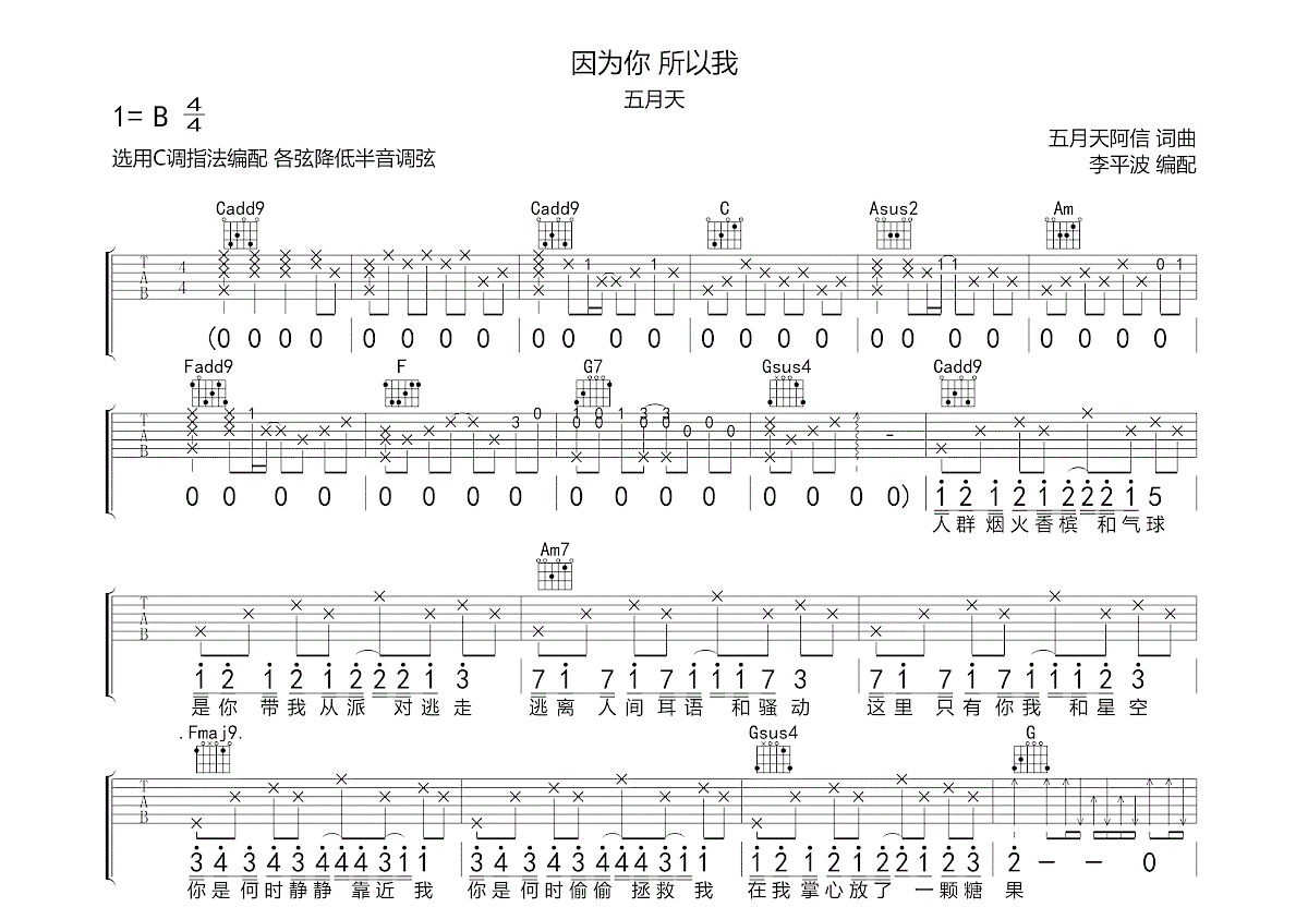 因为你 所以我吉他谱预览图