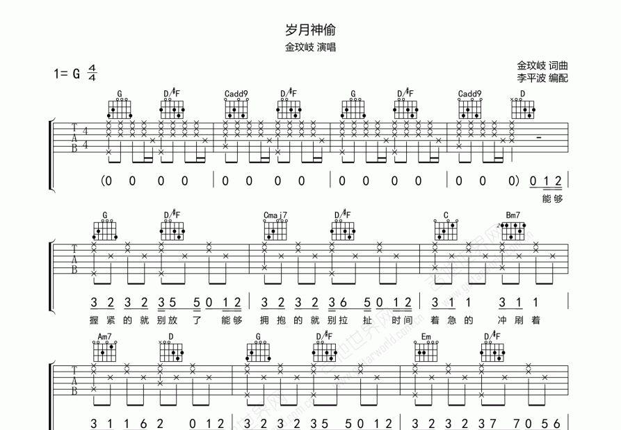 岁月神偷吉他谱预览图