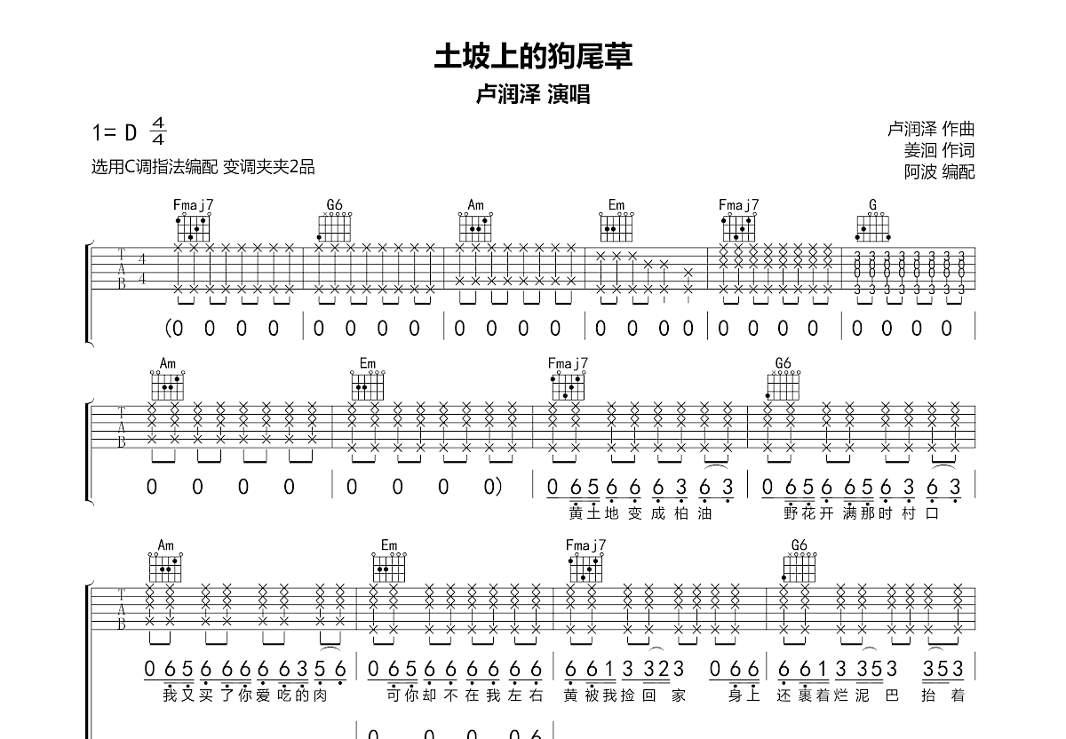 土坡上的狗尾草吉他谱预览图