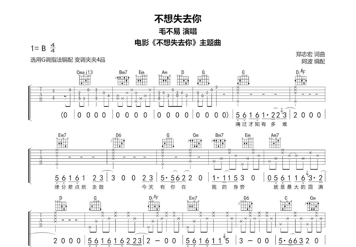 不想失去你吉他谱_毛不易_G调弹唱