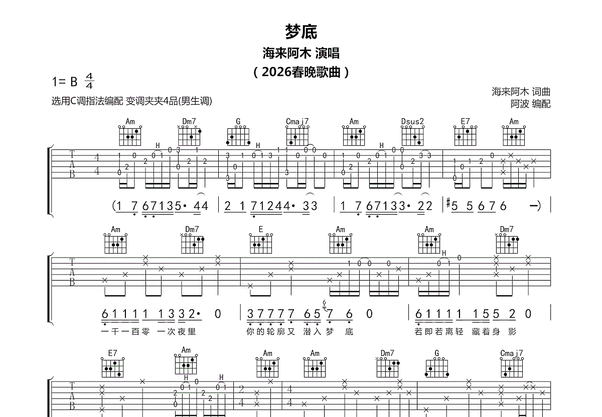 梦底吉他谱_海来阿木_C调弹唱