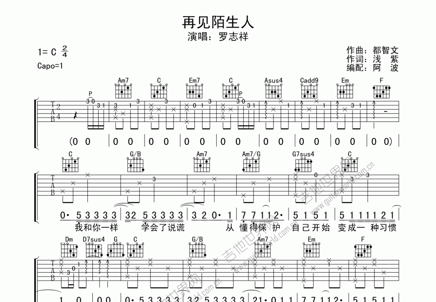 再见陌生人吉他谱预览图