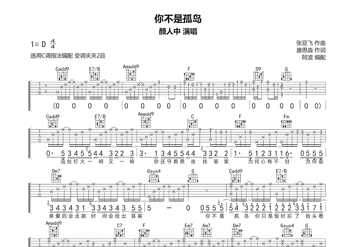 你不是孤岛吉他谱_颜人中_C调弹唱