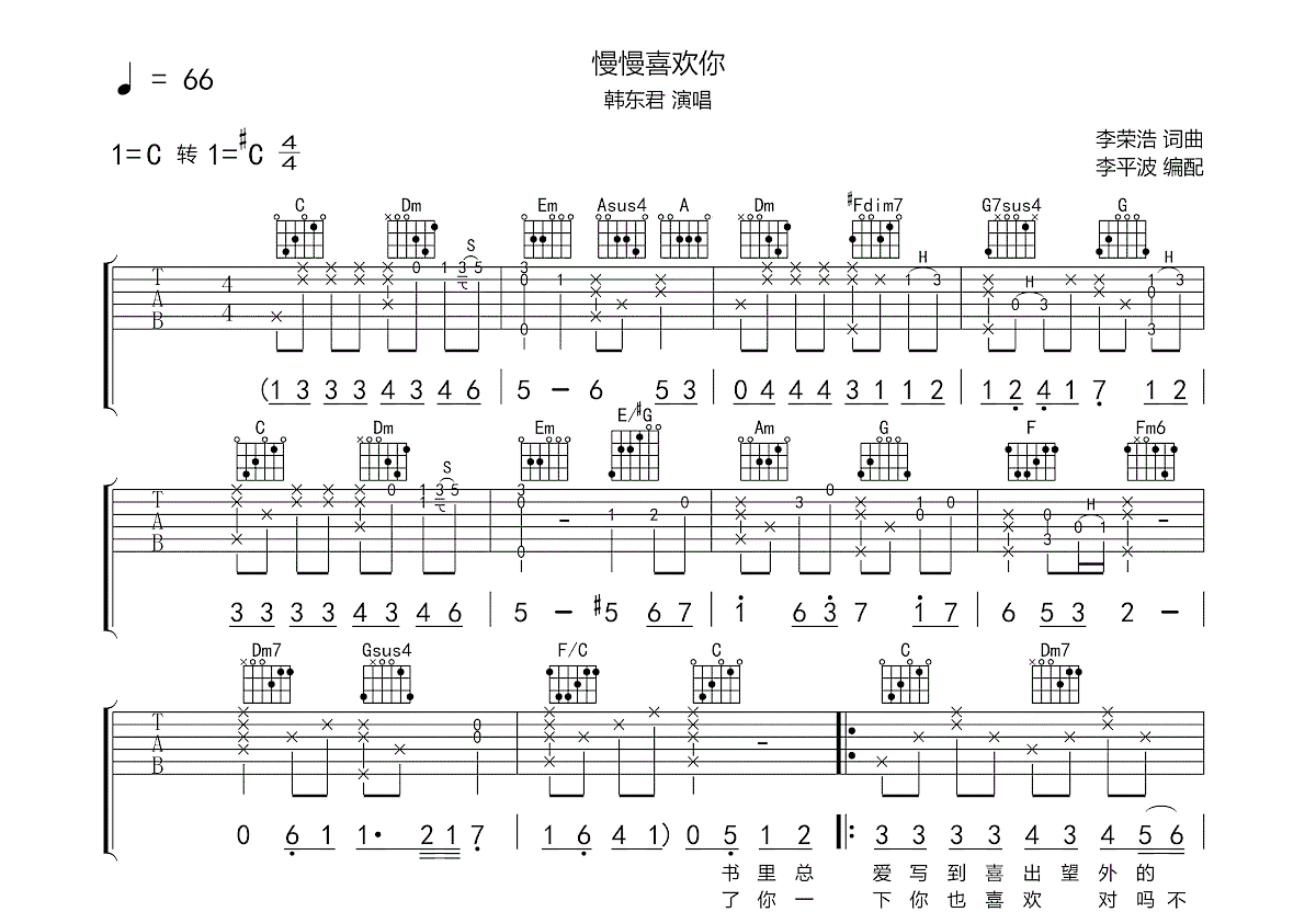 慢慢喜欢你吉他谱_韩东君_C调弹唱