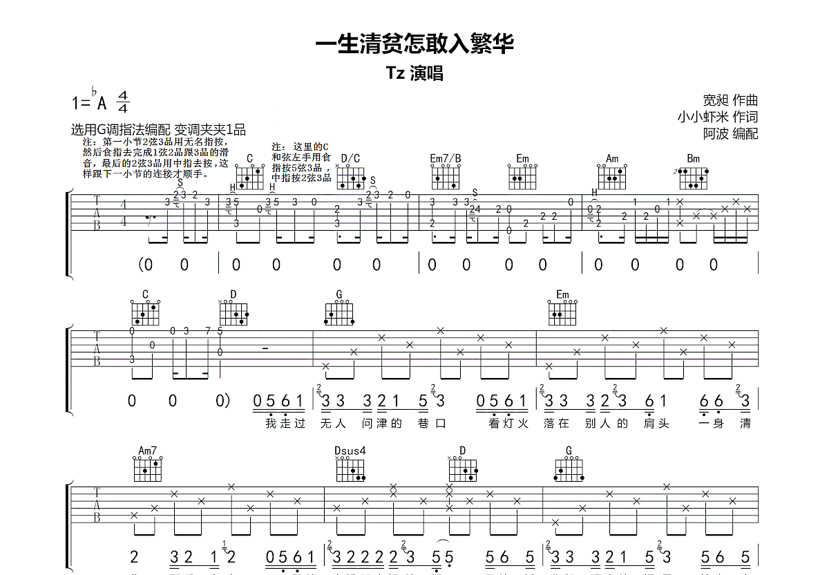 一生清贫怎敢入繁华吉他谱预览图