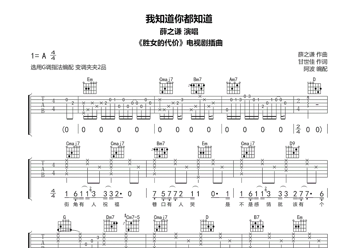 我知道你都知道吉他谱_薛之谦_G调弹唱