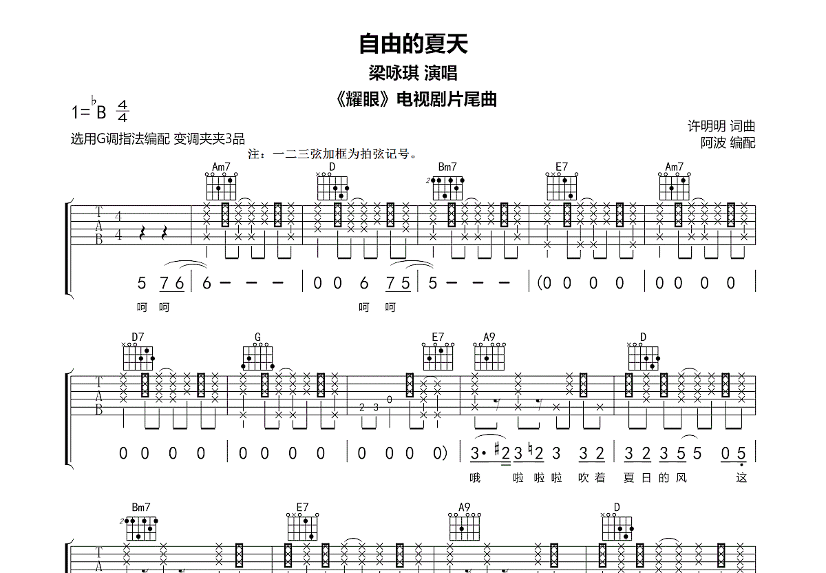 自由的夏天吉他谱预览图