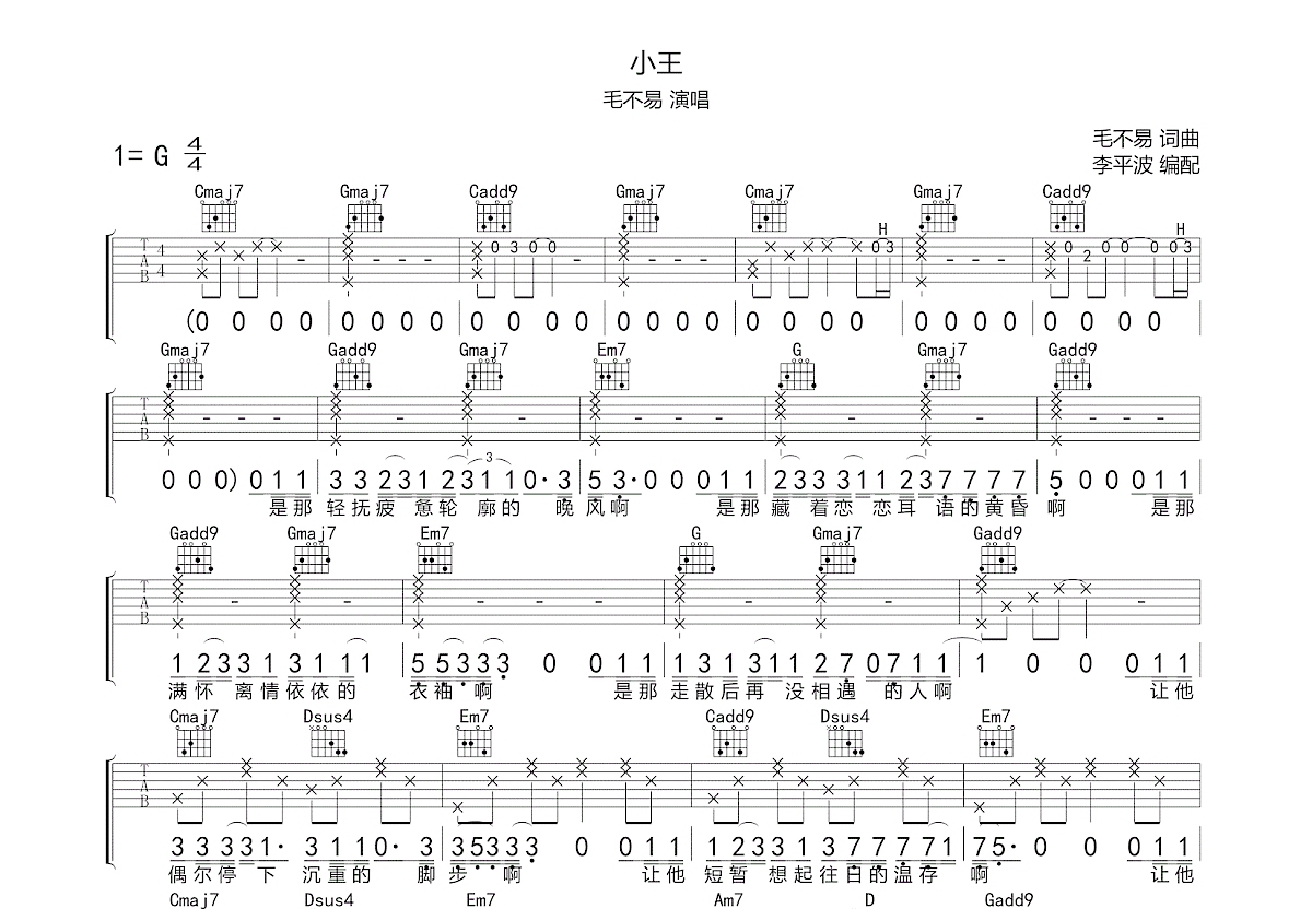 小王吉他谱_毛不易_G调弹唱