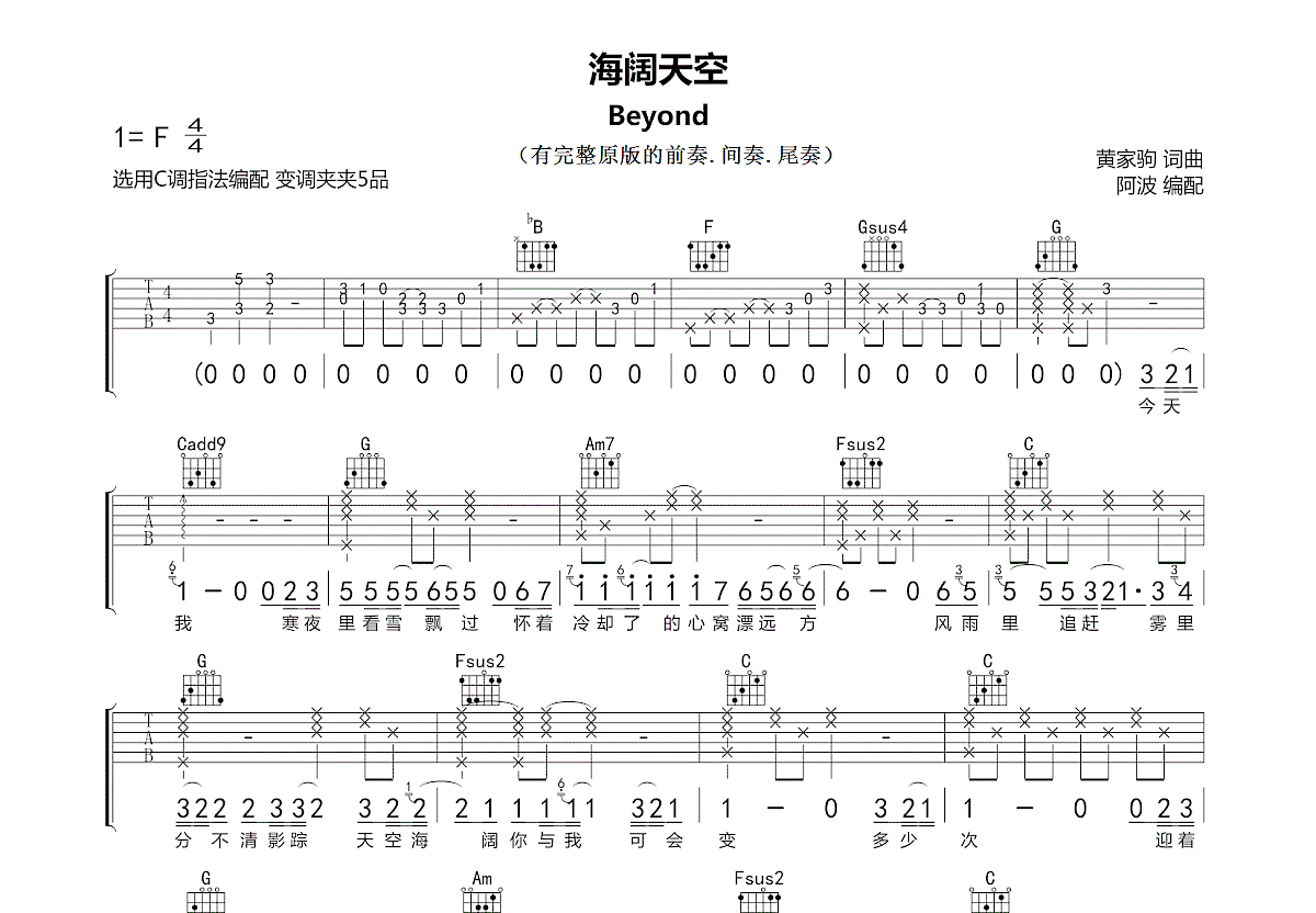 海阔天空吉他谱预览图