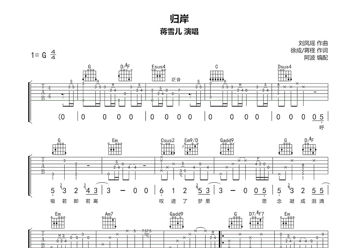 归岸吉他谱预览图