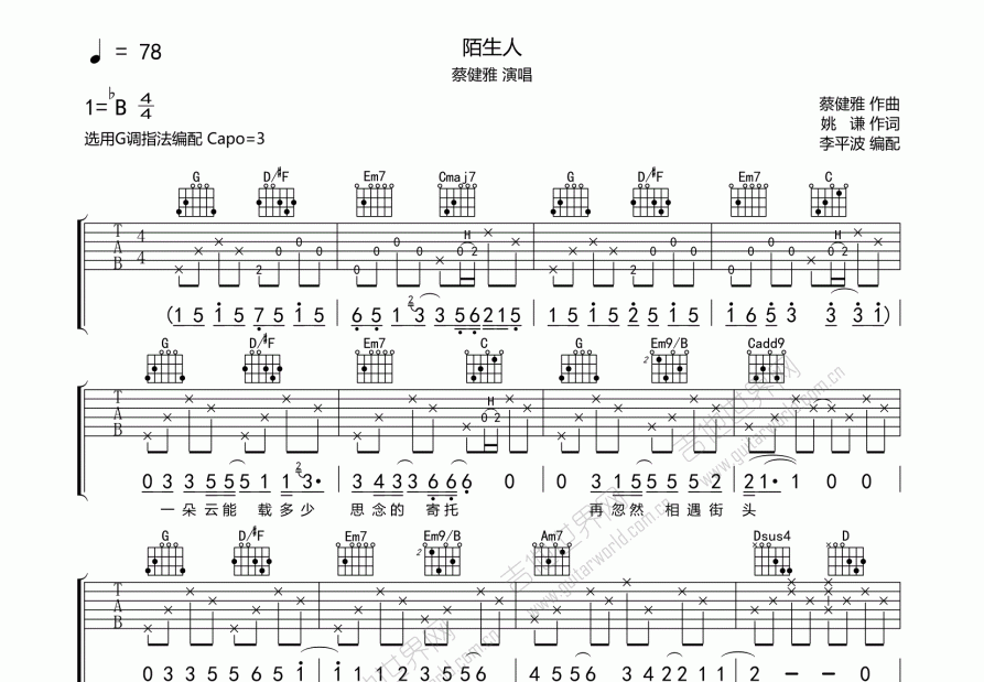 陌生人吉他谱预览图