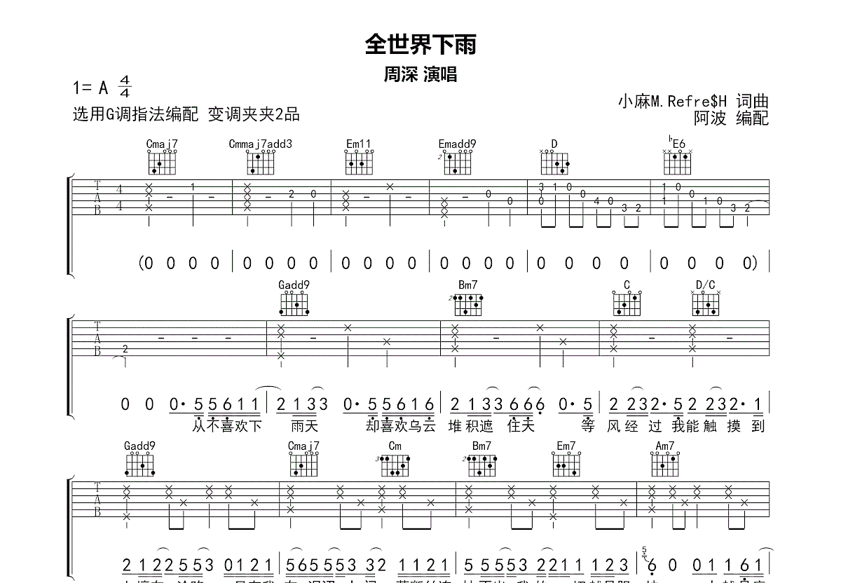 全世界下雨吉他谱预览图