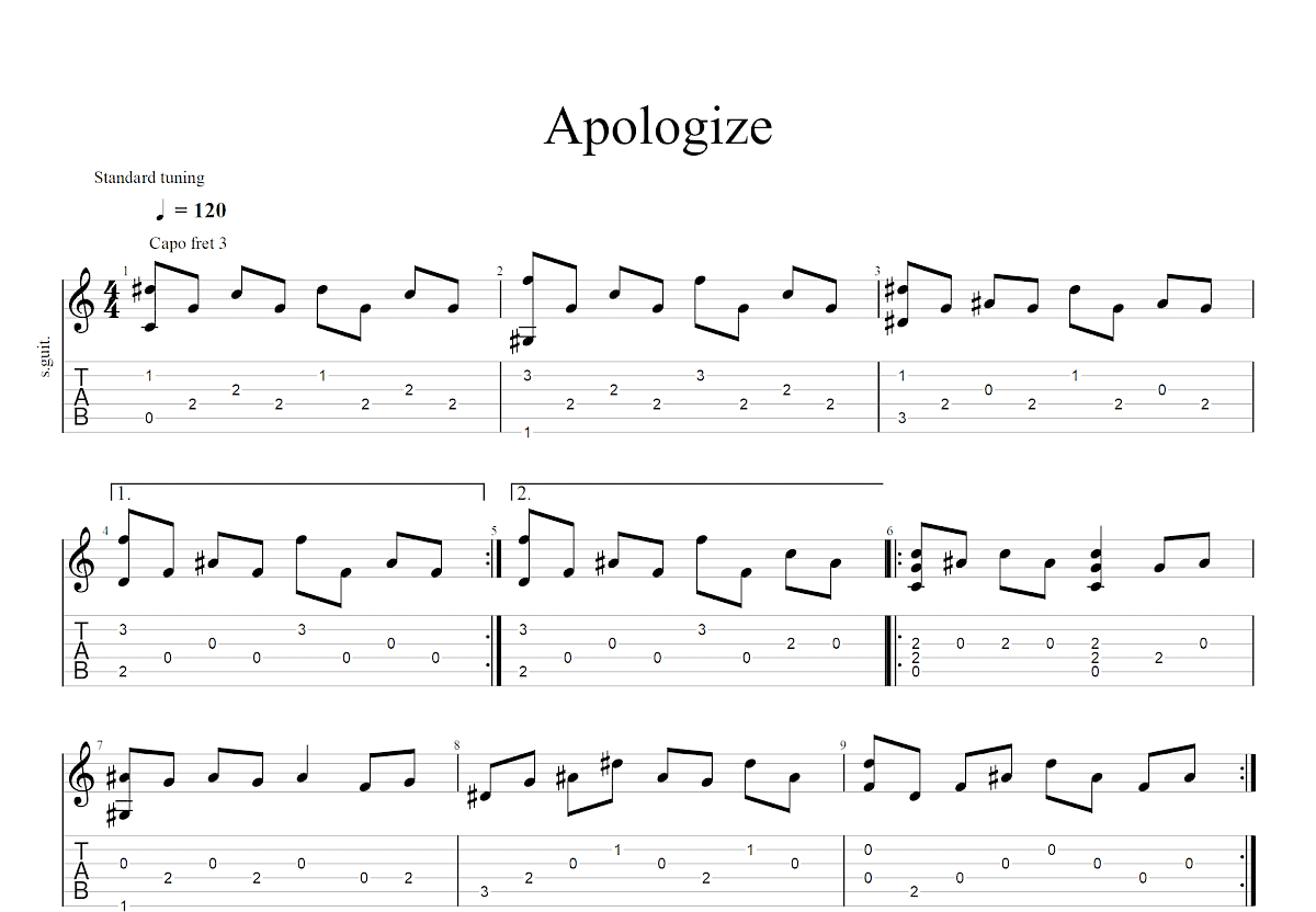 Apologize吉他谱预览图
