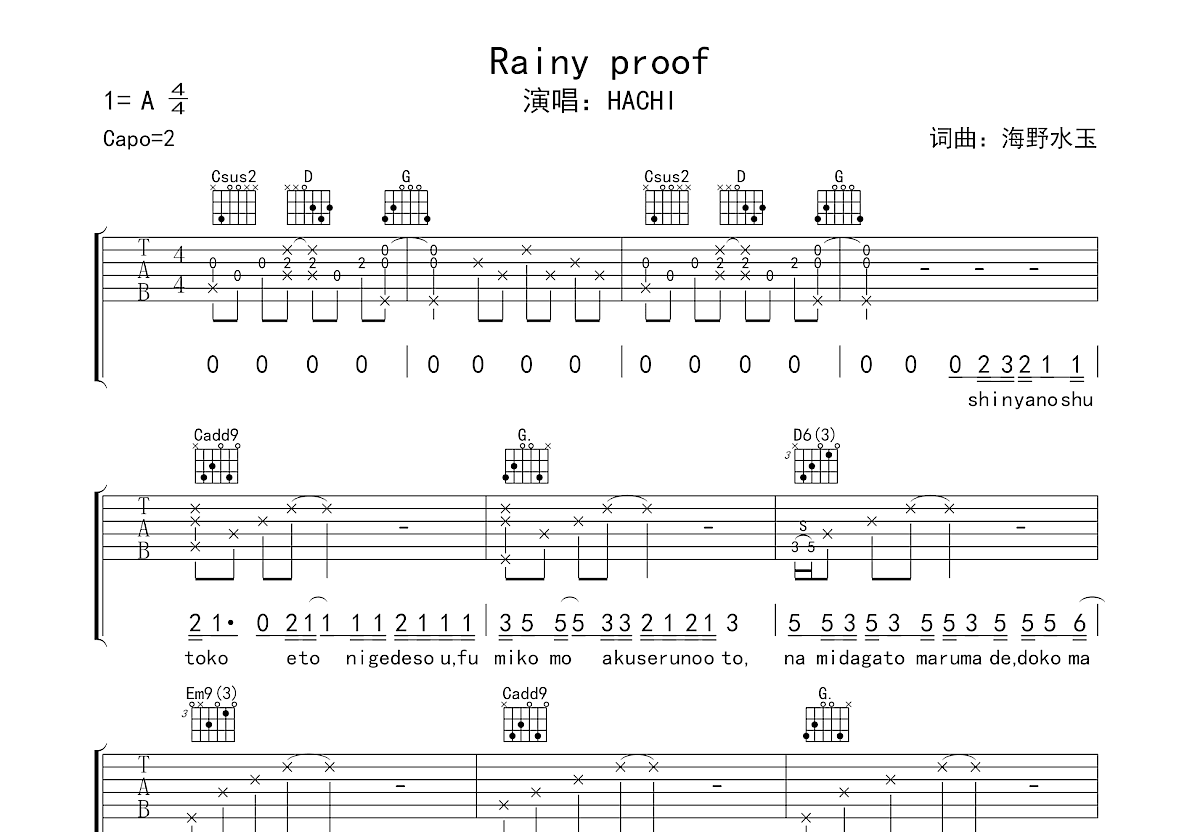 Rainy proof吉他谱预览图