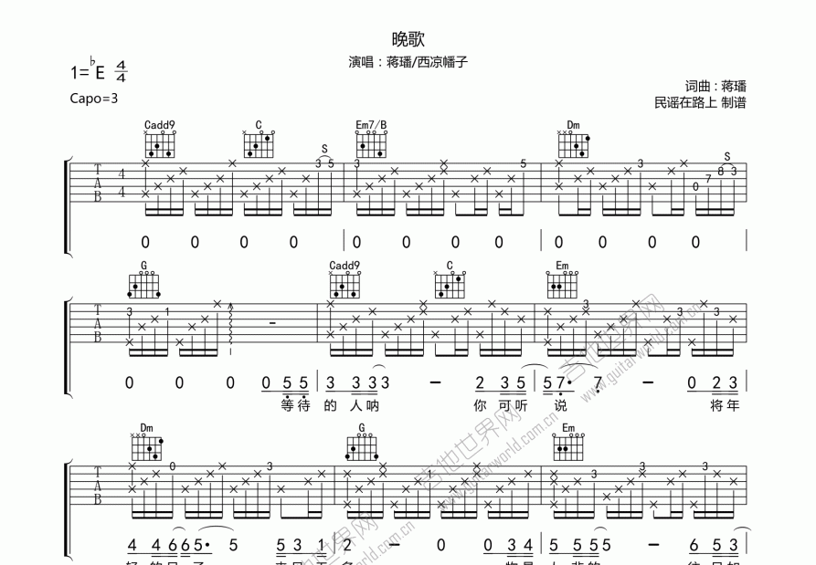 晚歌吉他谱预览图