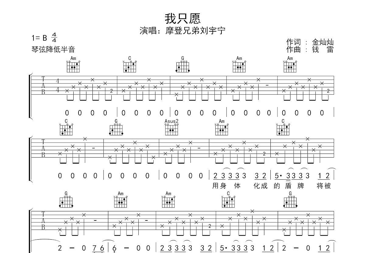 我只愿吉他谱预览图