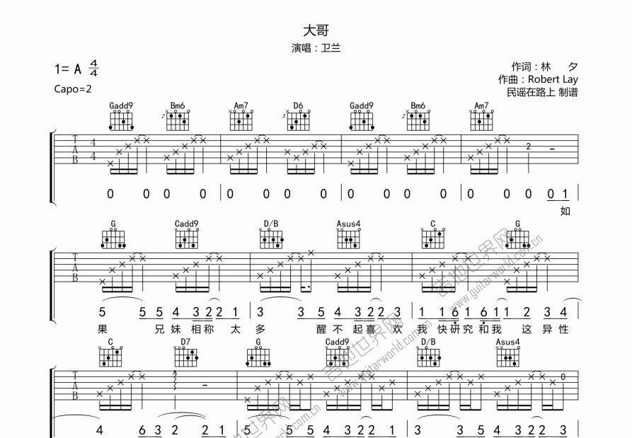 大哥吉他谱预览图