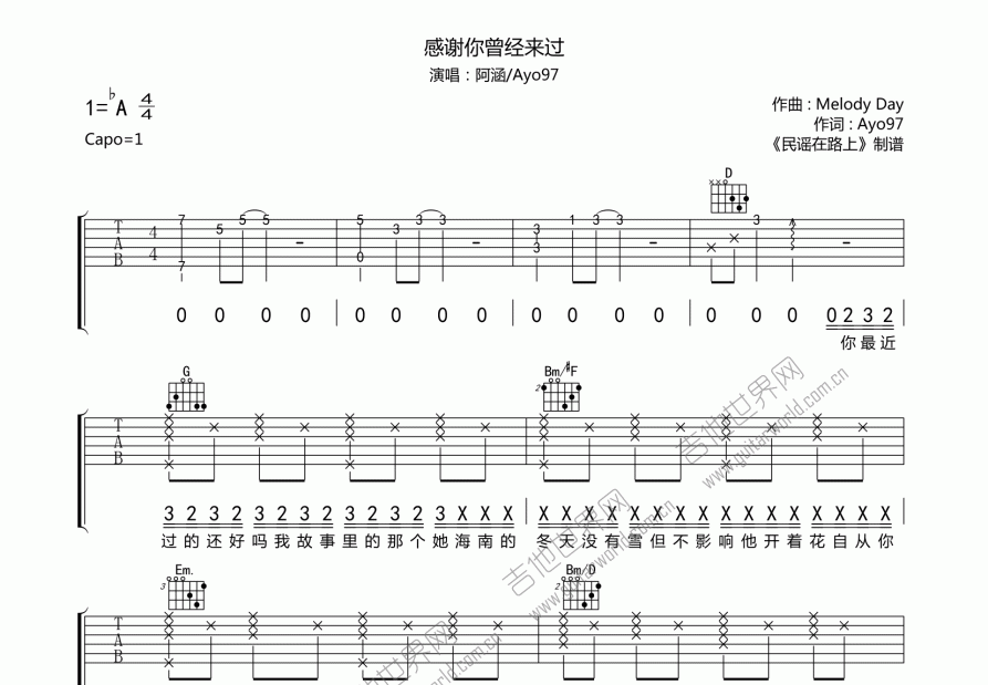 感谢你曾经来过吉他谱预览图