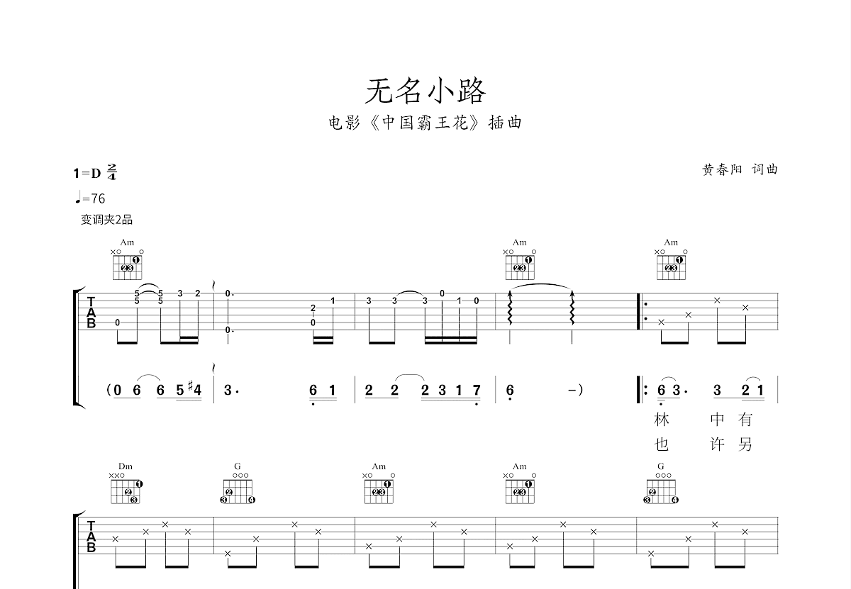 无名小路吉他谱_张迈_C调弹唱