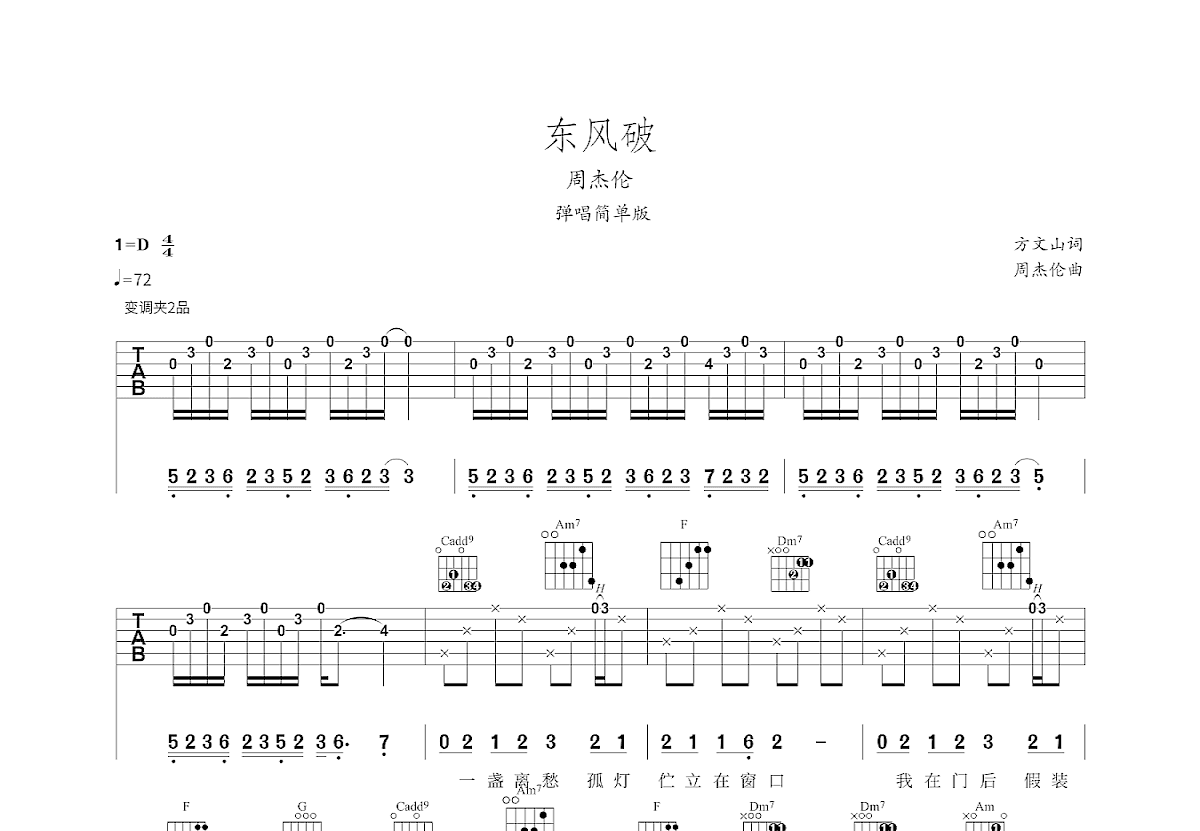 东风破吉他谱预览图