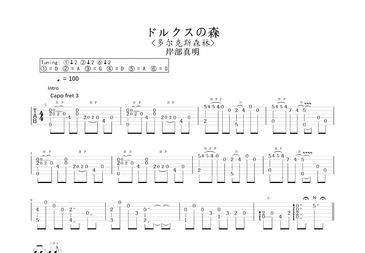 ドルクスの森吉他谱_岸部真明_C调指弹